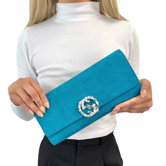 GUCCI Vintage GG Logo Clutch Bag Pouch Blue Bijou Rhinestone Suede [105288] - Picture 1 of 12